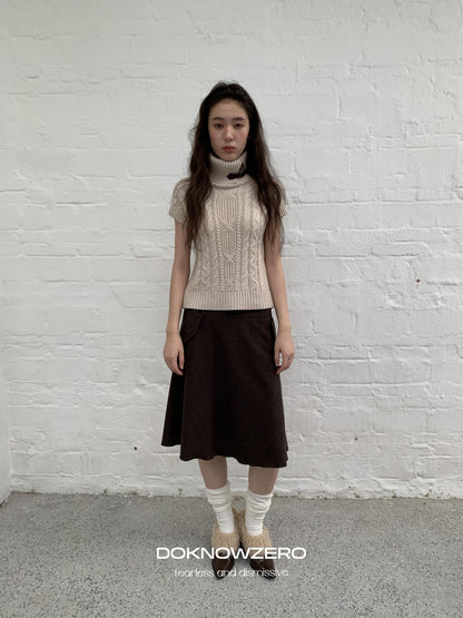DKZ OFFICIAL Retro Cable Knit High Neck Short Sleeve Women&