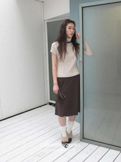 DKZ OFFICIAL Retro Cable Knit High Neck Short Sleeve Women&