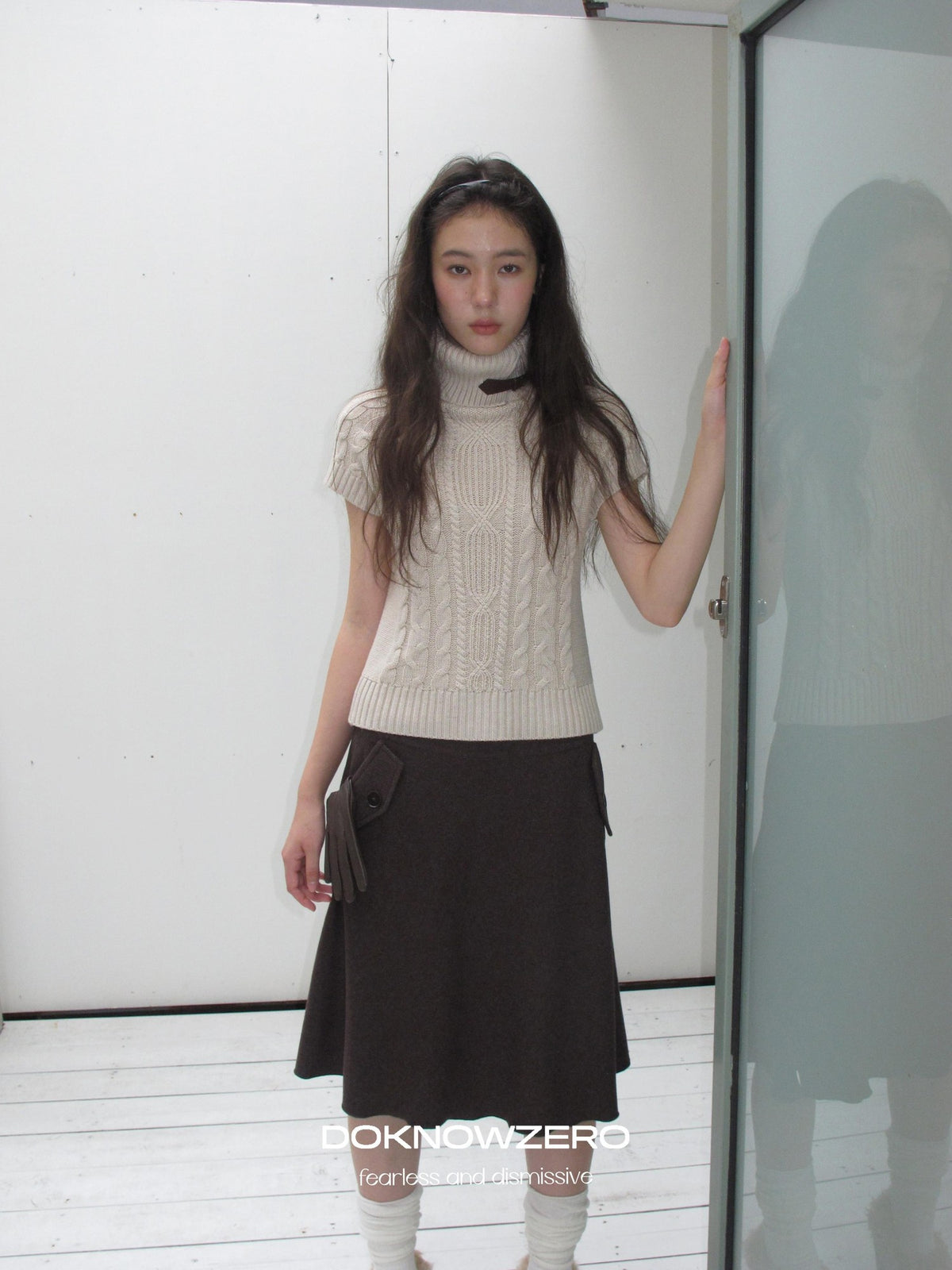DKZ OFFICIAL Retro Cable Knit High Neck Short Sleeve Women&