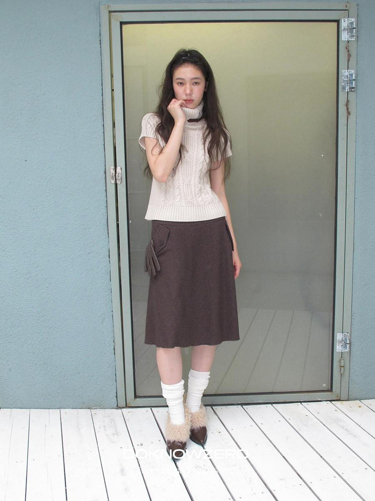 DKZ OFFICIAL Retro Cable Knit High Neck Short Sleeve Women&