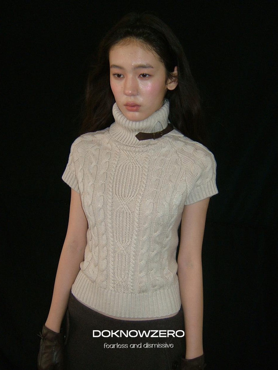 DKZ OFFICIAL Retro Cable Knit High Neck Short Sleeve Women&