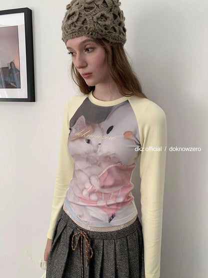 DKZ OFFICIAL Retro Dreamcore Cat Print Raglan Long Sleeve T-shirt