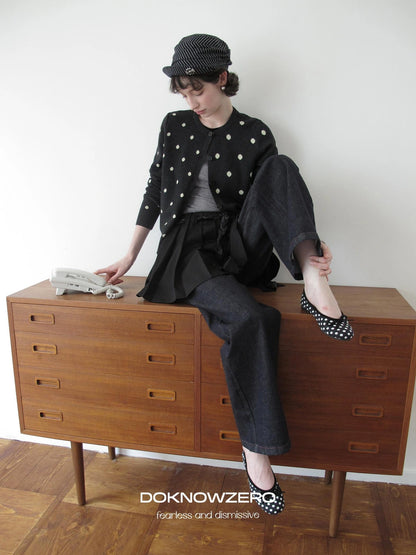 DKZ OFFICIAL Retro Gray Polka Dot Knit Cardigan