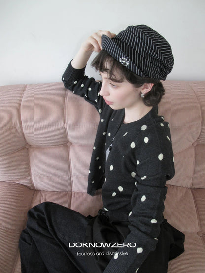 DKZ OFFICIAL Retro Gray Polka Dot Knit Cardigan