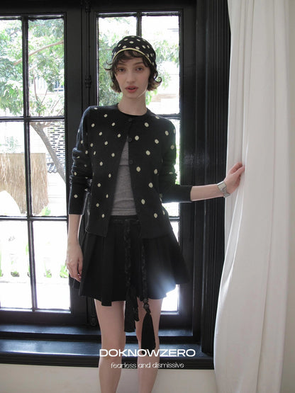 DKZ OFFICIAL Retro Gray Polka Dot Knit Cardigan
