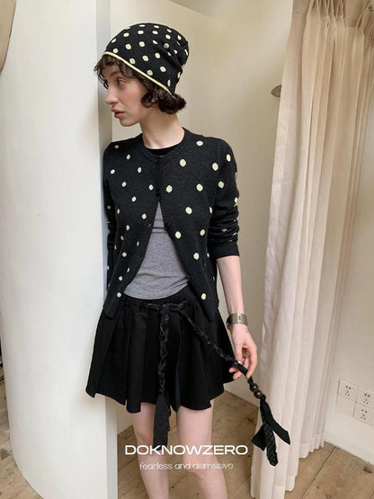 DKZ OFFICIAL Retro Gray Polka Dot Knit Cardigan