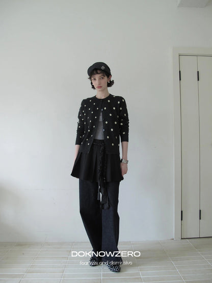DKZ OFFICIAL Retro Gray Polka Dot Knit Cardigan