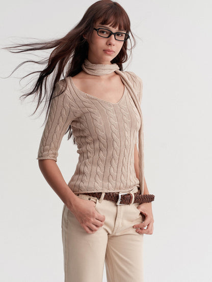 DKZ OFFICIAL Retro Knit V-neck With Scarf Women&