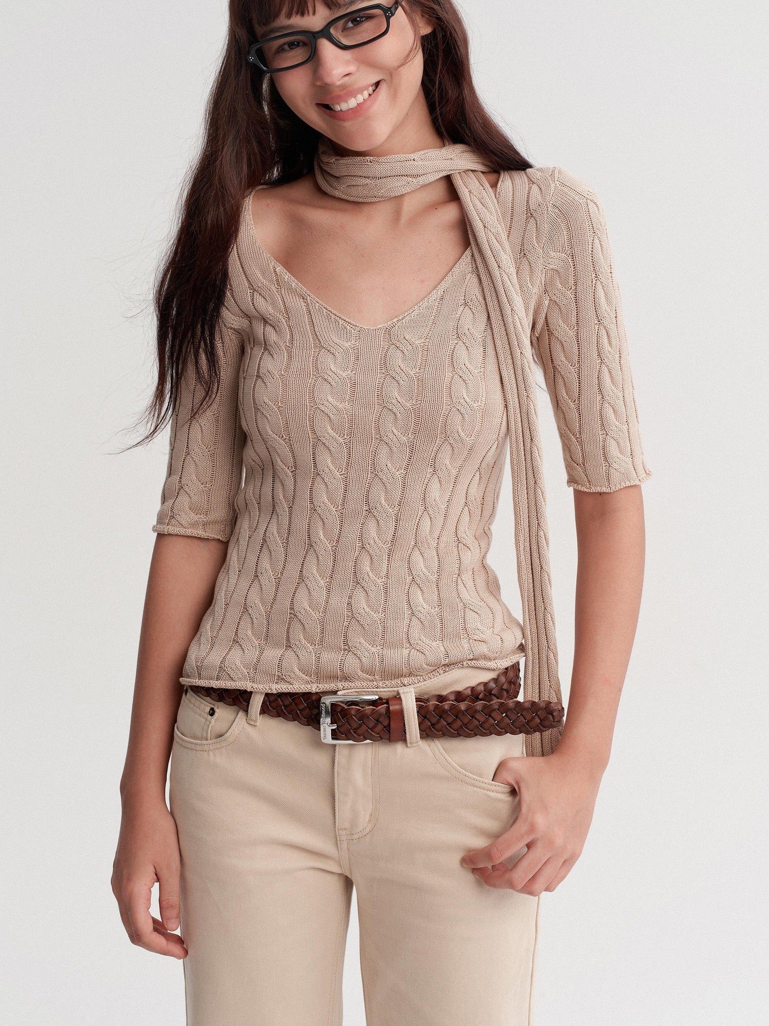 DKZ OFFICIAL Retro Knit V-neck With Scarf Women&