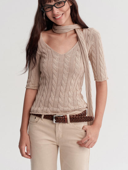 DKZ OFFICIAL Retro Knit V-neck With Scarf Women&
