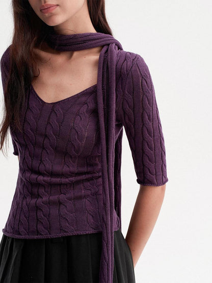 DKZ OFFICIAL Retro Knit V-neck With Scarf Women&