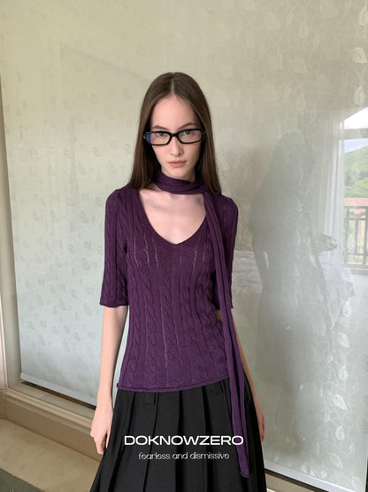 DKZ OFFICIAL Retro Knit V-neck With Scarf Women&