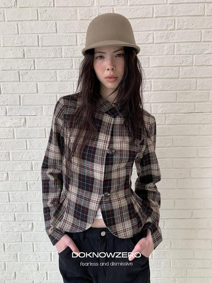 DKZ OFFICIAL Retro Plaid Cinched Waist Long Sleeve Women&