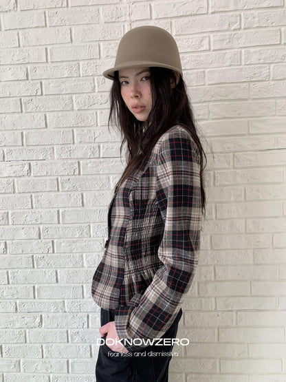 DKZ OFFICIAL Retro Plaid Cinched Waist Long Sleeve Women&