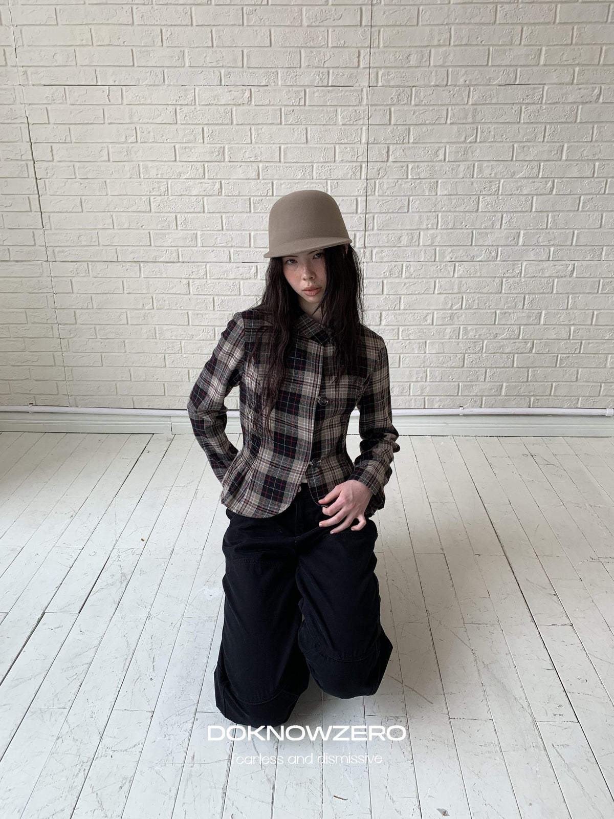 DKZ OFFICIAL Retro Plaid Cinched Waist Long Sleeve Women&