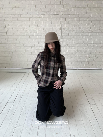 DKZ OFFICIAL Retro Plaid Cinched Waist Long Sleeve Women&