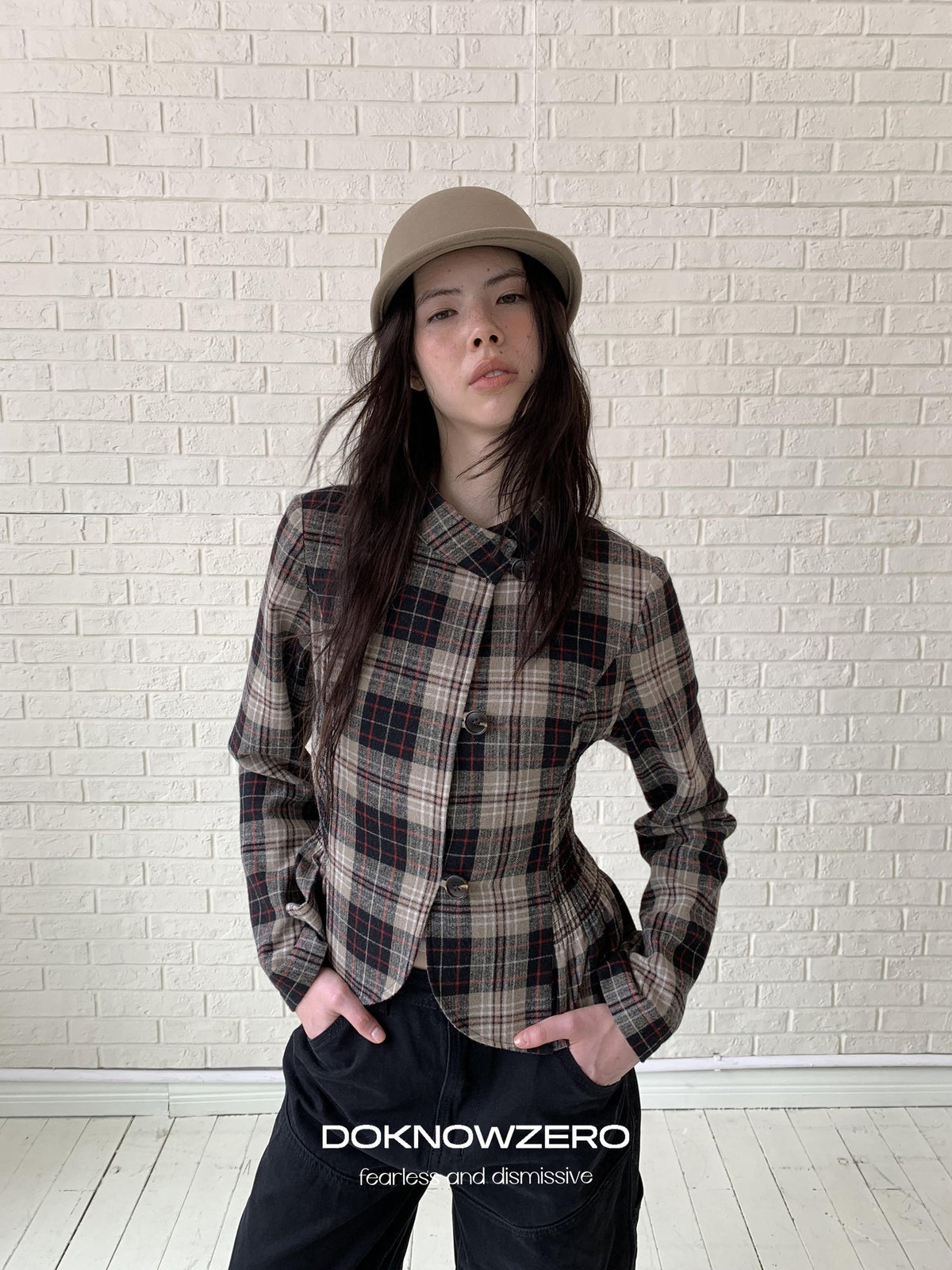 DKZ OFFICIAL Retro Plaid Cinched Waist Long Sleeve Women&