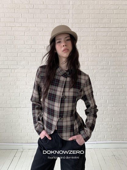 DKZ OFFICIAL Retro Plaid Cinched Waist Long Sleeve Women&