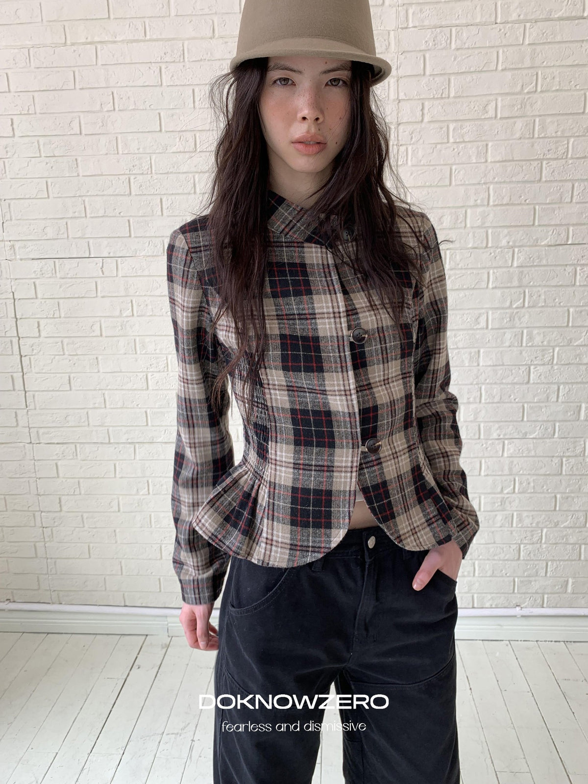 DKZ OFFICIAL Retro Plaid Cinched Waist Long Sleeve Women&