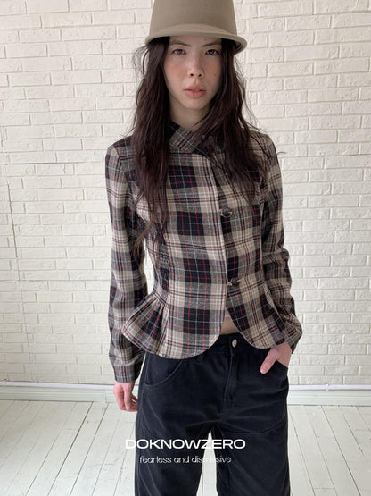 DKZ OFFICIAL Retro Plaid Cinched Waist Long Sleeve Women&