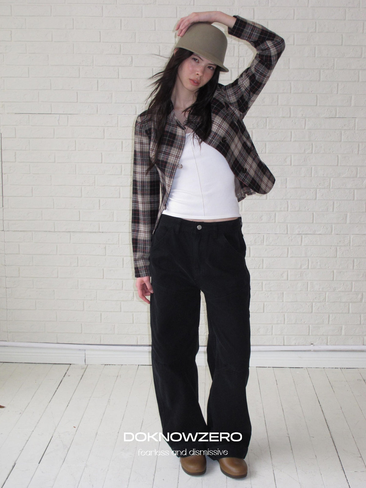 DKZ OFFICIAL Retro Plaid Cinched Waist Long Sleeve Women&