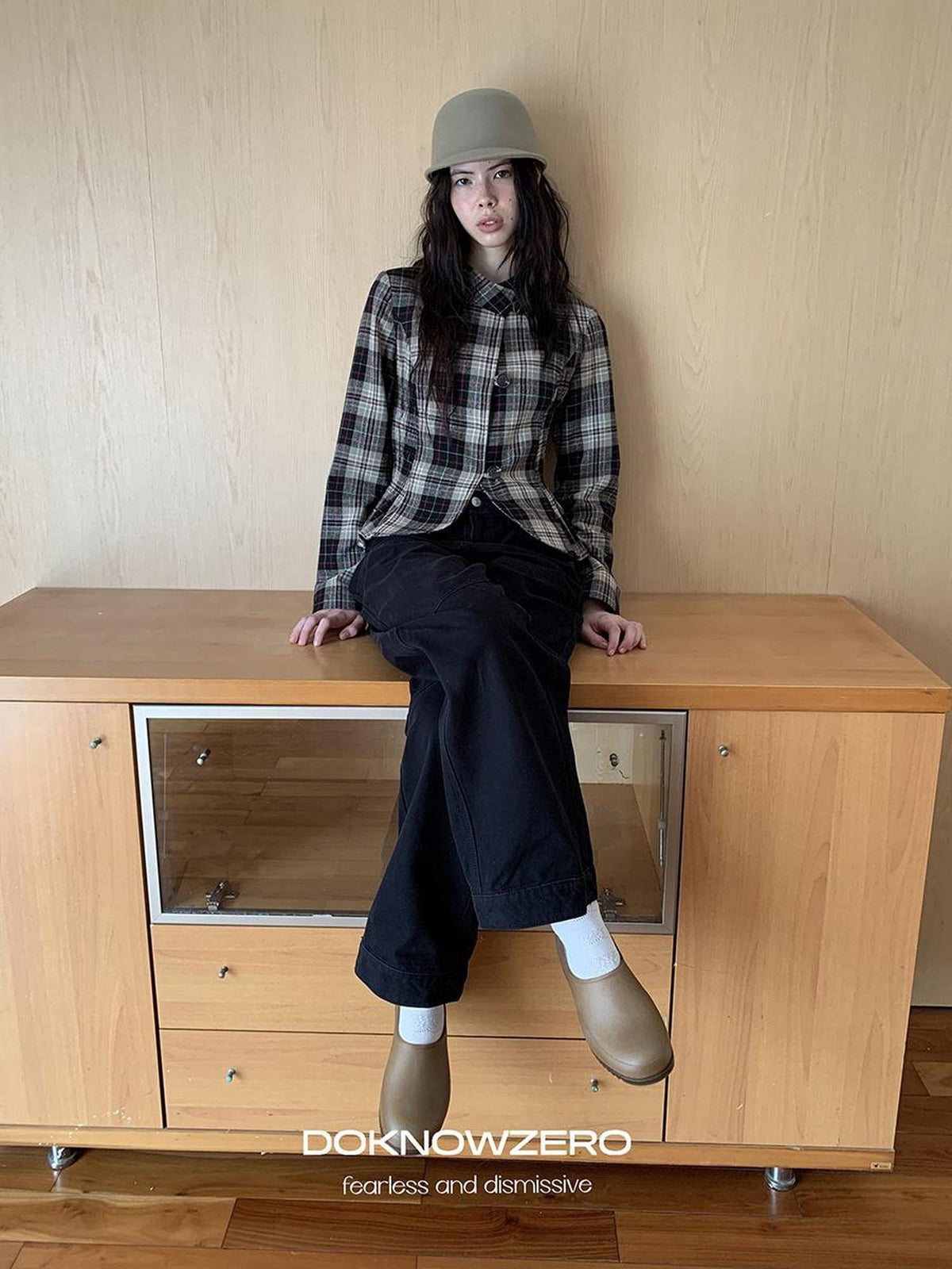 DKZ OFFICIAL Retro Plaid Cinched Waist Long Sleeve Women&