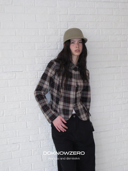 DKZ OFFICIAL Retro Plaid Cinched Waist Long Sleeve Women&