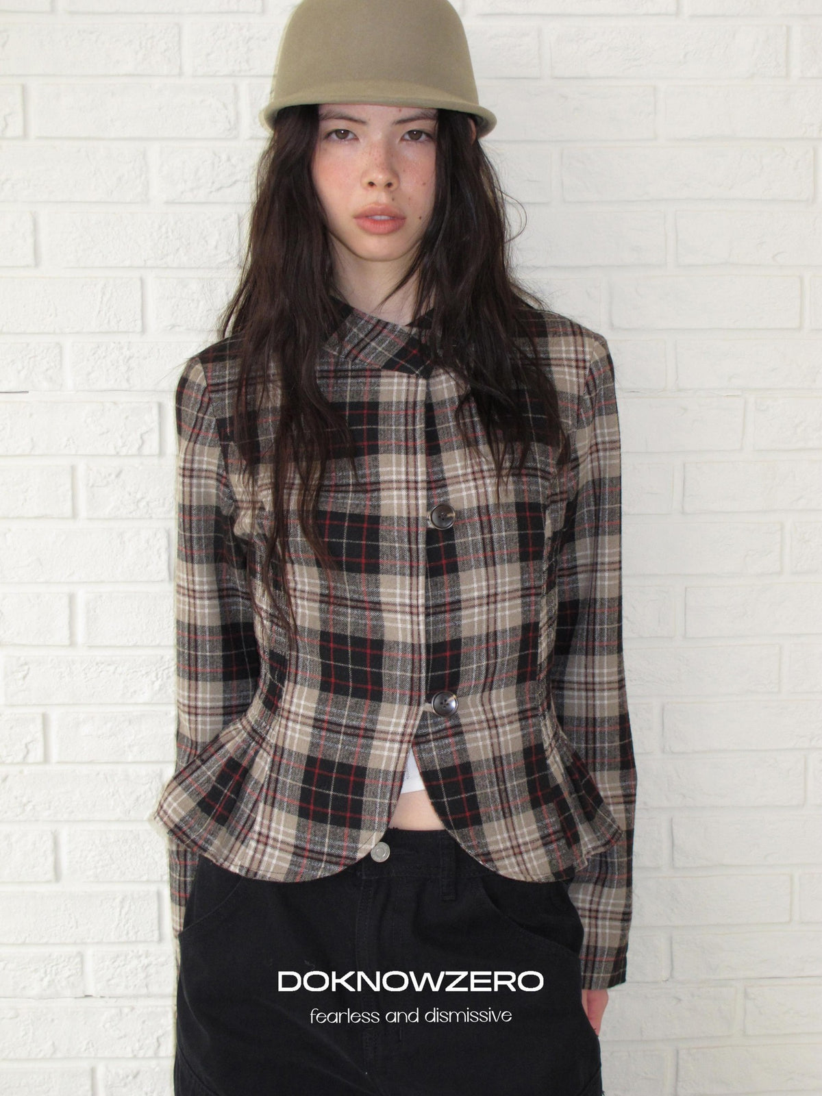 DKZ OFFICIAL Retro Plaid Cinched Waist Long Sleeve Women&