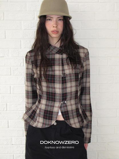 DKZ OFFICIAL Retro Plaid Cinched Waist Long Sleeve Women&