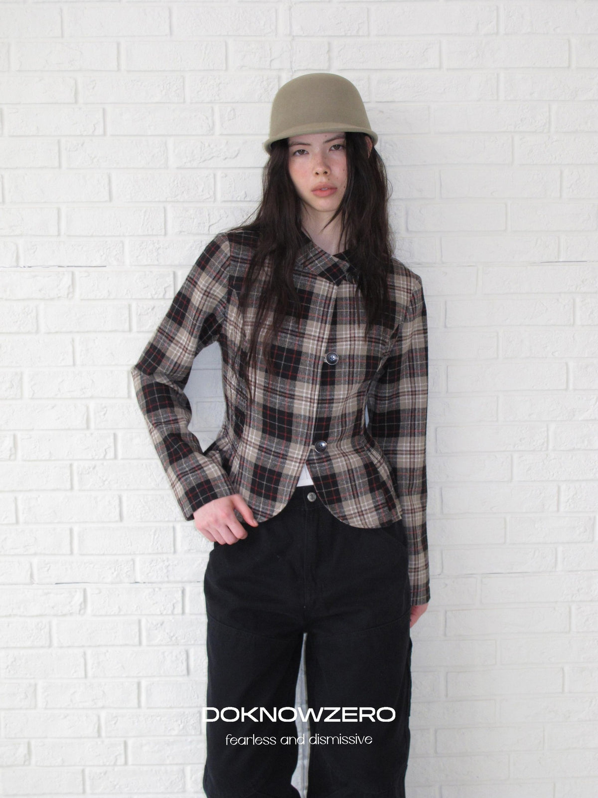 DKZ OFFICIAL Retro Plaid Cinched Waist Long Sleeve Women&