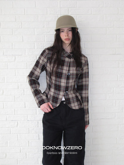 DKZ OFFICIAL Retro Plaid Cinched Waist Long Sleeve Women&