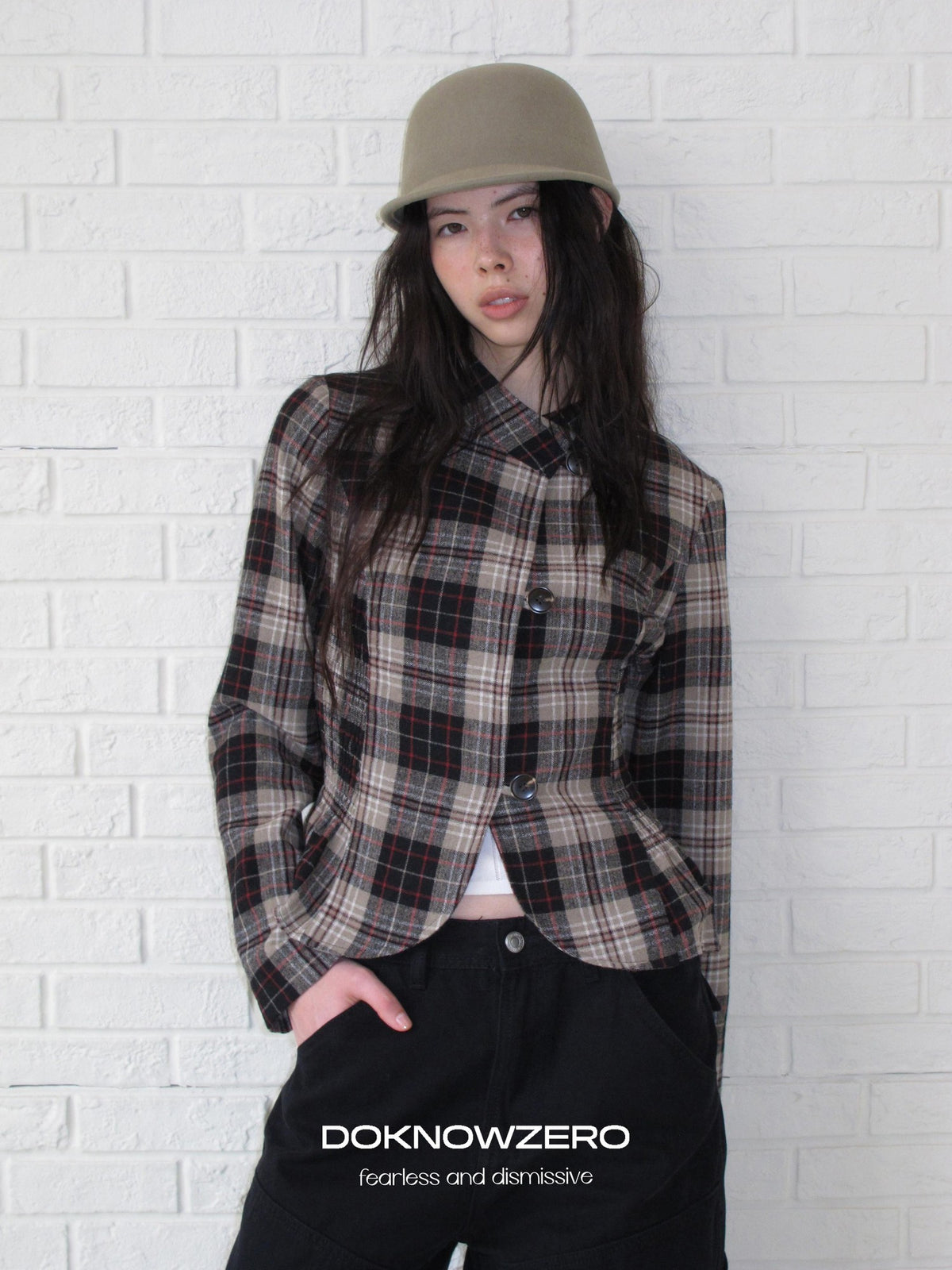 DKZ OFFICIAL Retro Plaid Cinched Waist Long Sleeve Women&