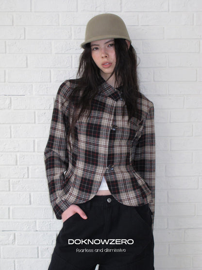 DKZ OFFICIAL Retro Plaid Cinched Waist Long Sleeve Women&