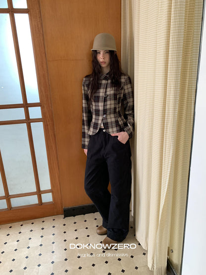 DKZ OFFICIAL Retro Plaid Cinched Waist Long Sleeve Women&