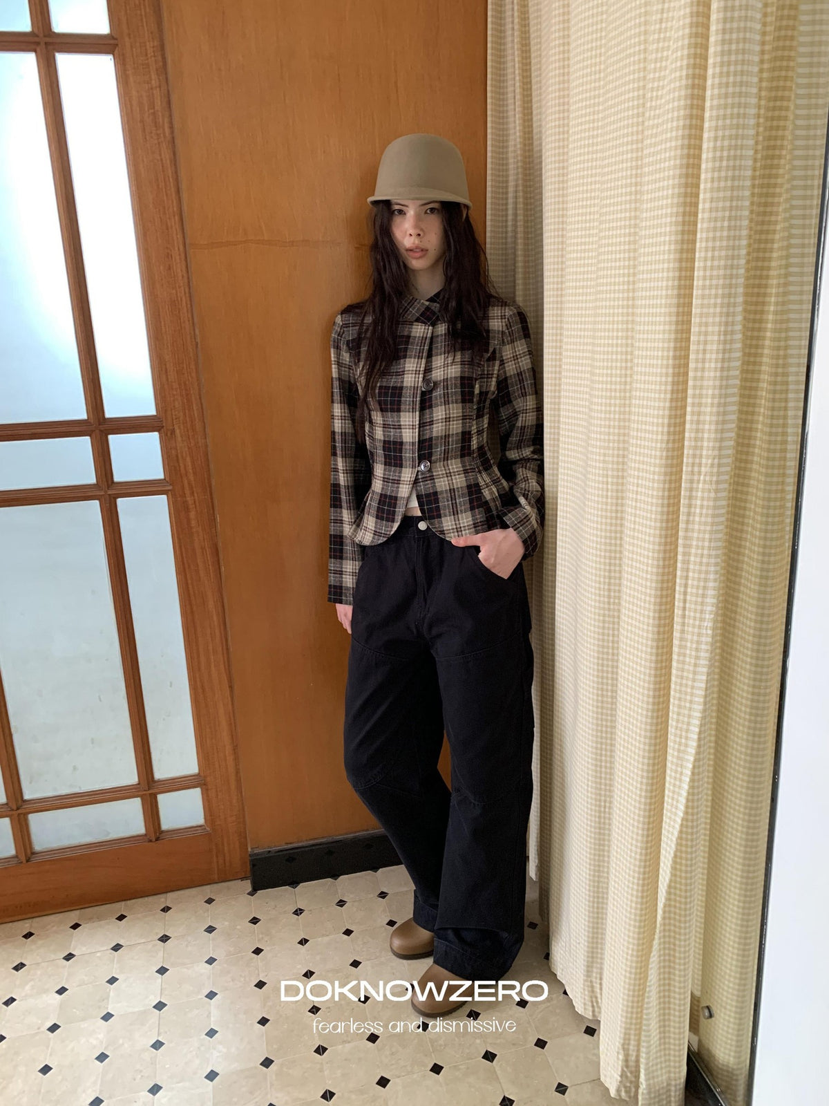 DKZ OFFICIAL Retro Plaid Cinched Waist Long Sleeve Women&