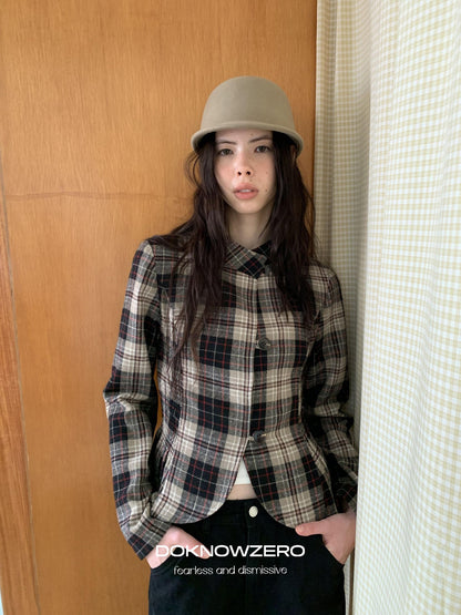 DKZ OFFICIAL Retro Plaid Cinched Waist Long Sleeve Women&