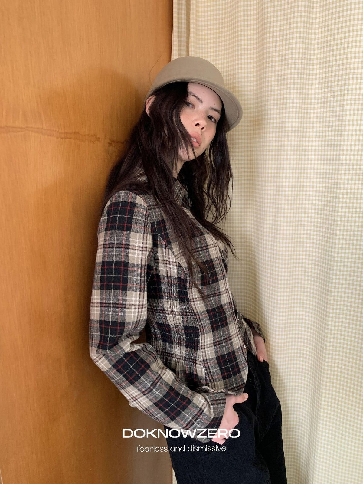 DKZ OFFICIAL Retro Plaid Cinched Waist Long Sleeve Women&