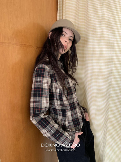 DKZ OFFICIAL Retro Plaid Cinched Waist Long Sleeve Women&