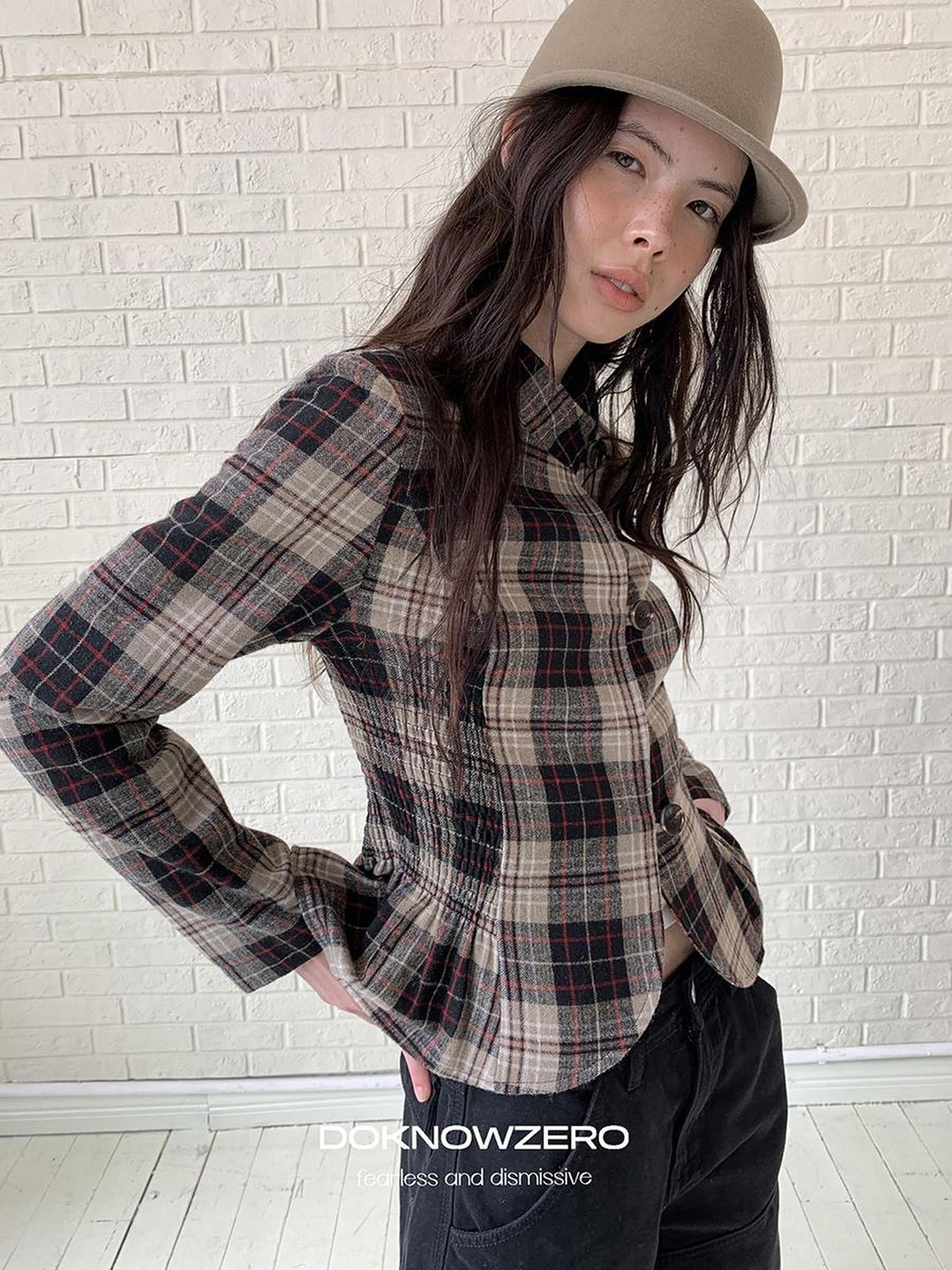 DKZ OFFICIAL Retro Plaid Cinched Waist Long Sleeve Women&