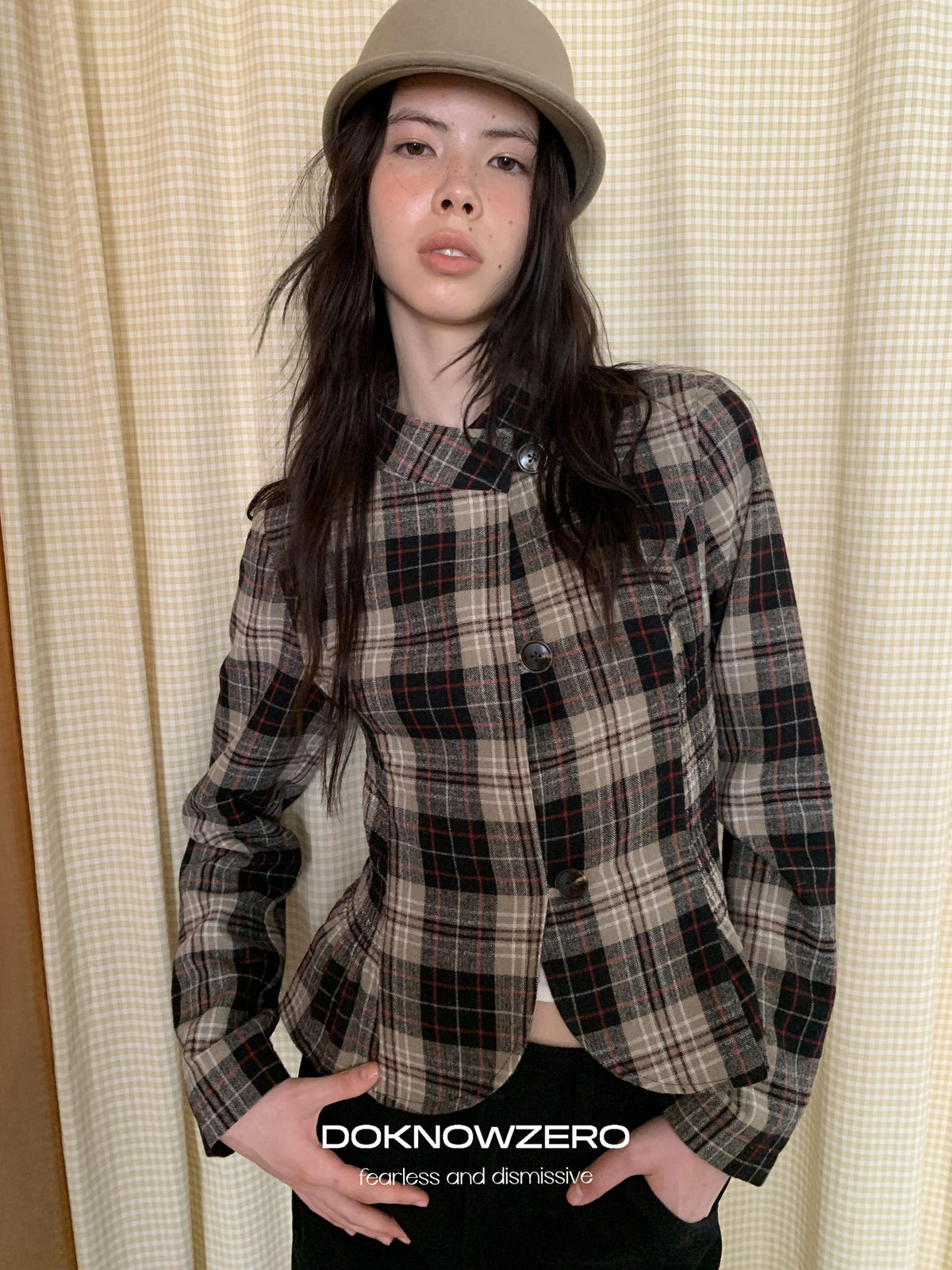 DKZ OFFICIAL Retro Plaid Cinched Waist Long Sleeve Women&