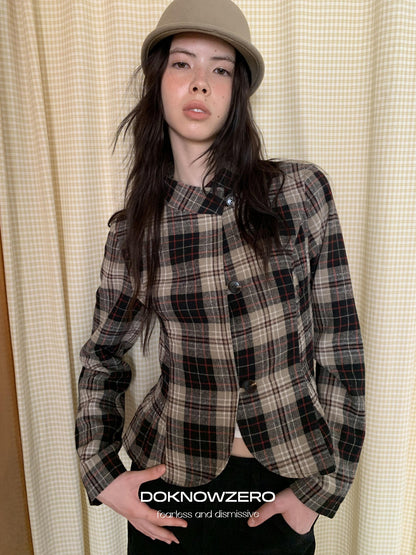 DKZ OFFICIAL Retro Plaid Cinched Waist Long Sleeve Women&