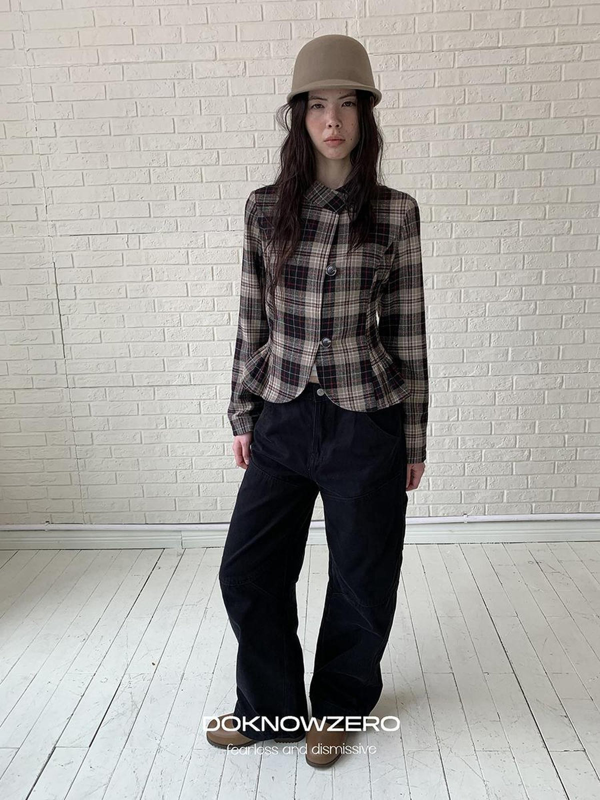 DKZ OFFICIAL Retro Plaid Cinched Waist Long Sleeve Women&