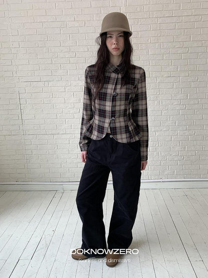 DKZ OFFICIAL Retro Plaid Cinched Waist Long Sleeve Women&