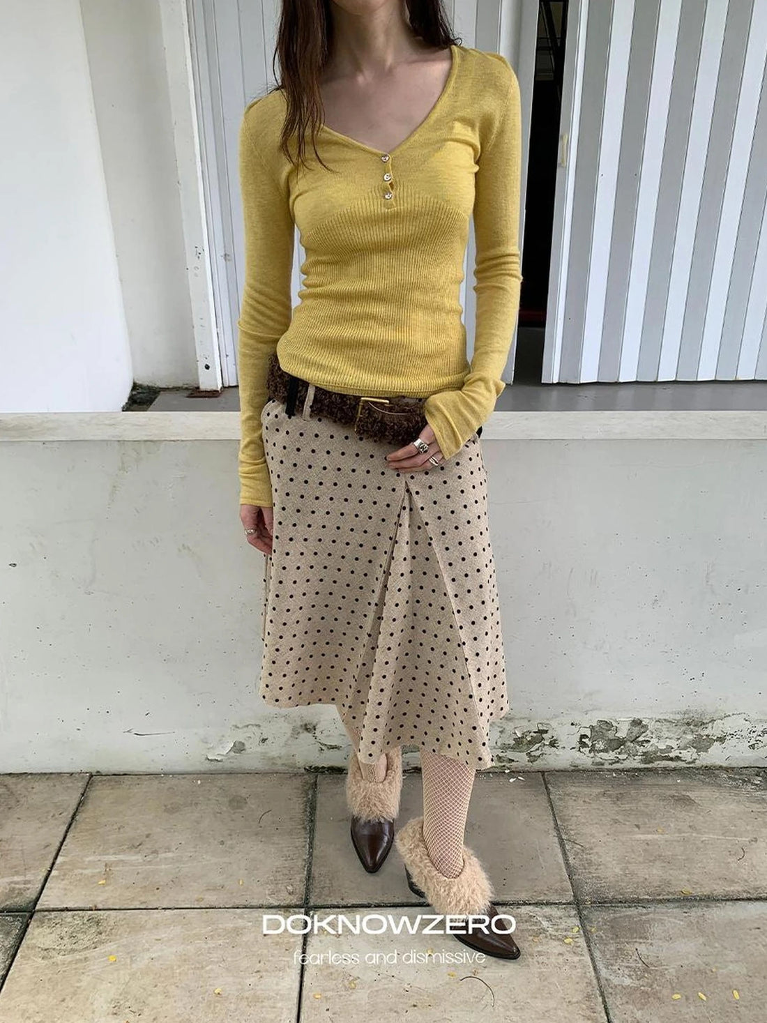 DKZ OFFICIAL Retro Polka Dot Asymmetrical Wool Skirt