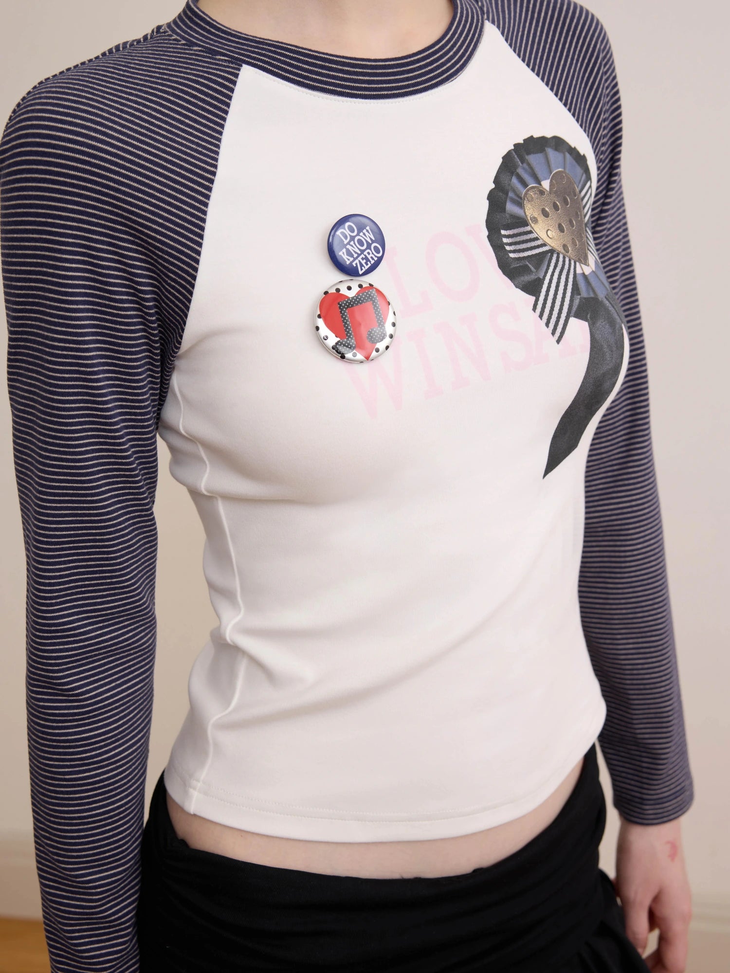 DKZ OFFICIAL Retro Striped Color Block Raglan Tee With Emblem Print