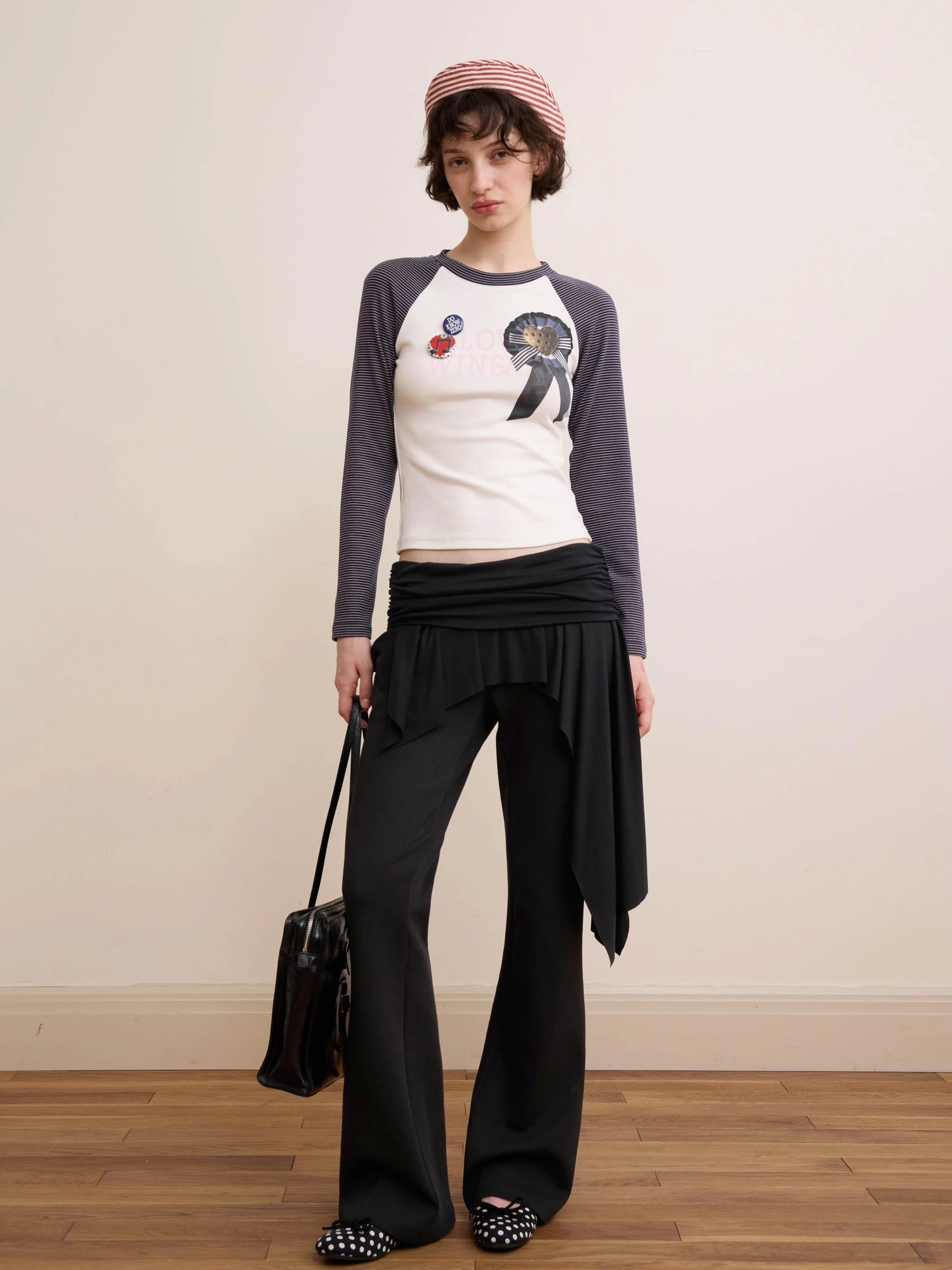 DKZ OFFICIAL Retro Striped Color Block Raglan Tee With Emblem Print