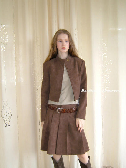 DKZ OFFICIAL Retro Suede Short Jacket And Pleated Skirt Set