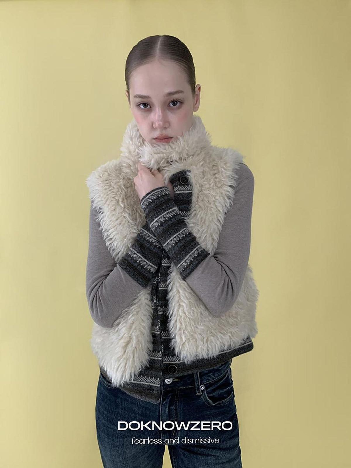 DKZ OFFICIAL Reversible Fair Isle Knit Patchwork Faux Fur Women&