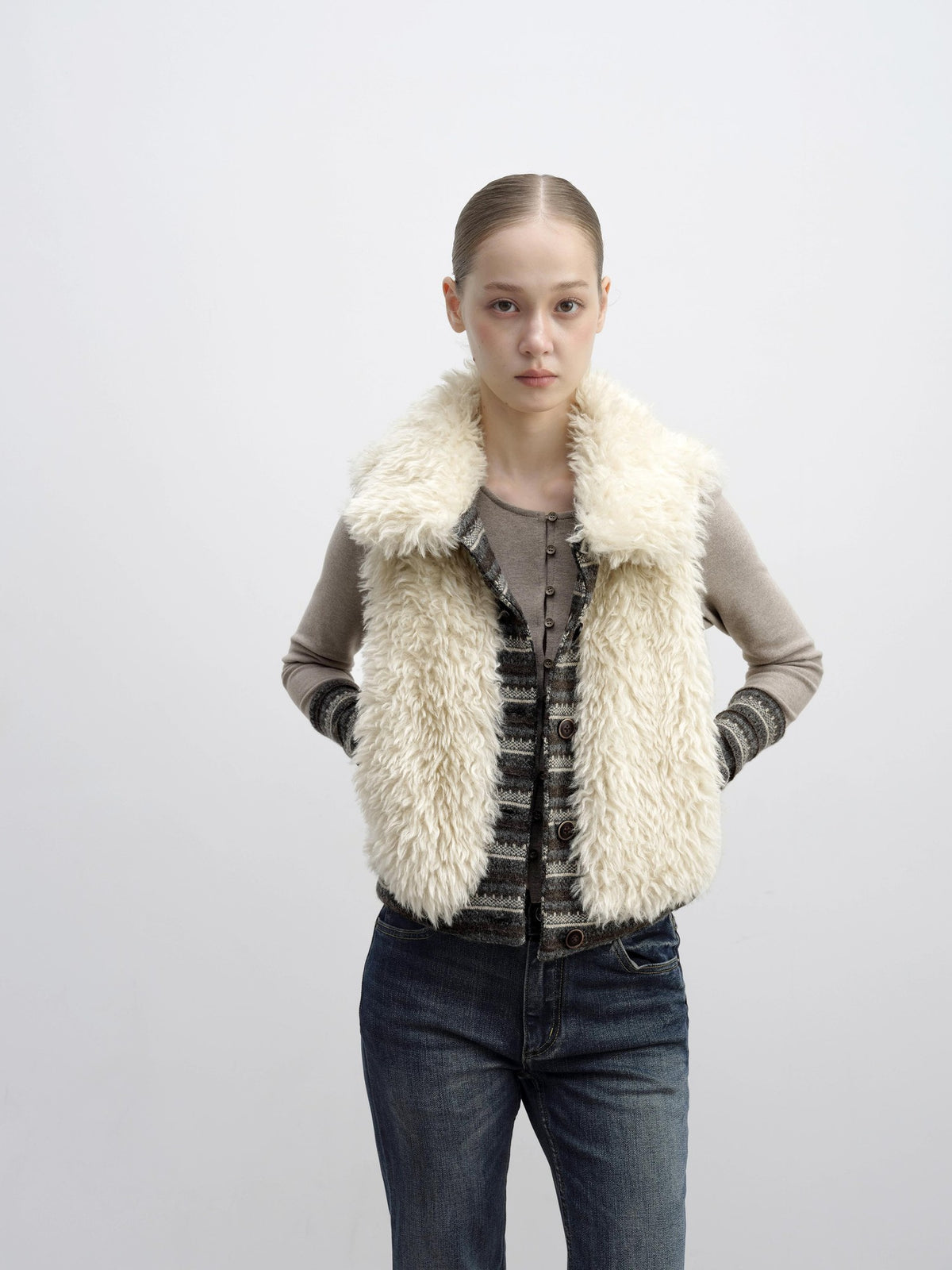 DKZ OFFICIAL Reversible Fair Isle Knit Patchwork Faux Fur Women&