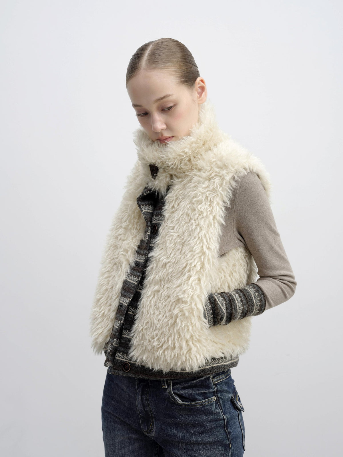 DKZ OFFICIAL Reversible Fair Isle Knit Patchwork Faux Fur Women&